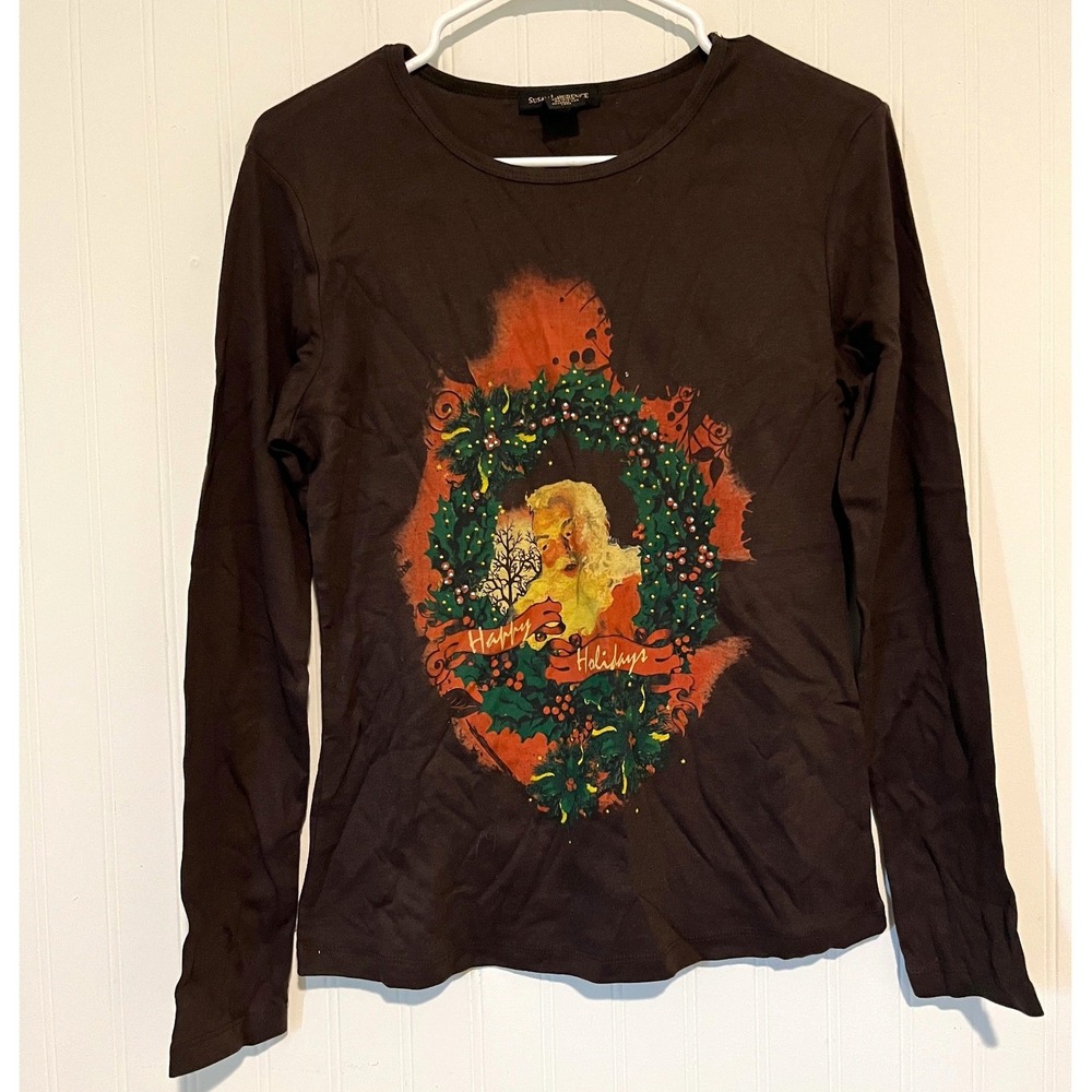 Susan Lawrence Graphic Tee Women S Brown Santa Christmas Rhinestone